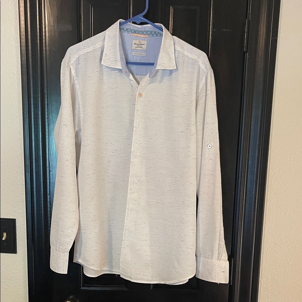 Tommy Bahama Men’s White Speckled Casual Button Down Roll Tab Sleeve Shirt